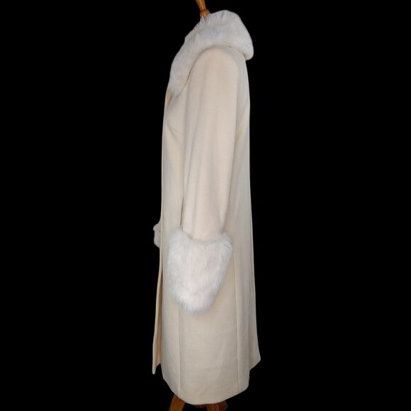 Express Wool Coat Size 5/6 Ivory Faux Fur Collar Cuffs Dressy Penny Lane Vintage - Picture 12 of 16